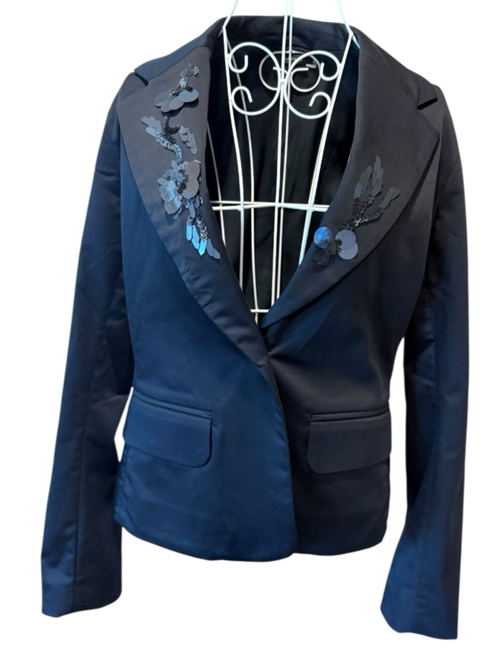 Natori Black Blazer Satin Lapel Sequin Floral Embellished Size 8